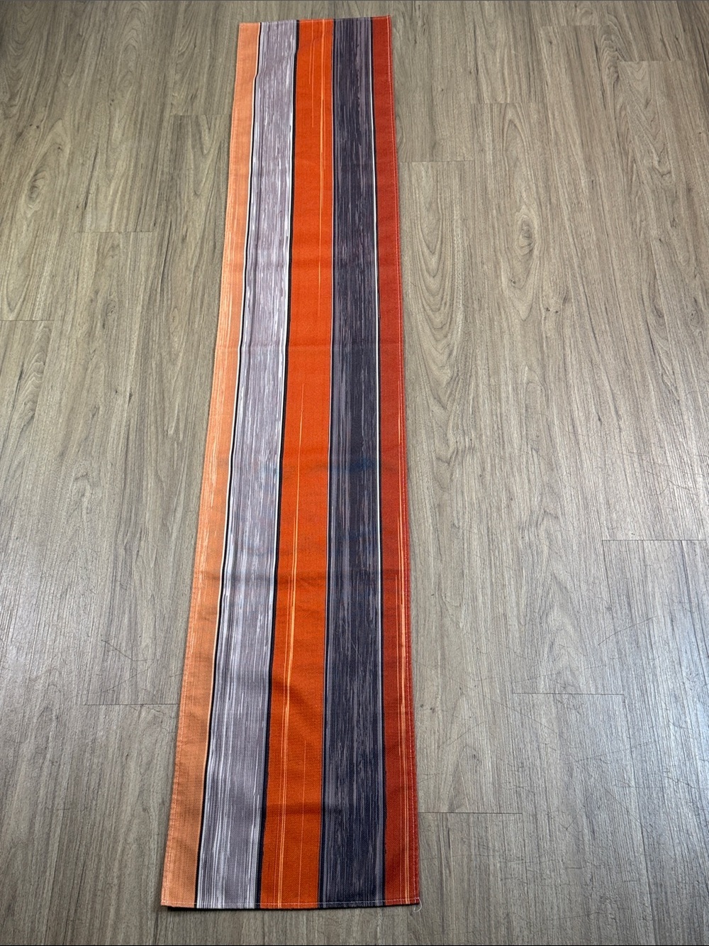 Striped Table Runner - Orange, Gray, Red Tones, 13” x 70”, Cotton & Rayon